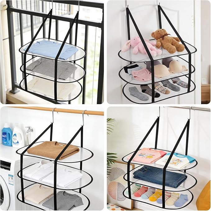 2 Pcs Flat Over The Door Folding Drying Rack, 3 Tier Black Large Laundry Hanging Dryer Sweater Drying Rack Mesh Clothes Hanging Fold Flat Dry Hanger for Small Spaces, Apartments, Dorms, Bathrooms