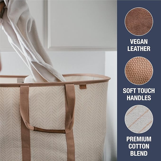CleverMade Collapsible Laundry Tote 2-Pack (50L) – Foldable Carry-All Storage Bin for Laundry, Car Trunk, RV, Dorm & Home Organization – LUXE Cotton Blend with Vegan Leather Accents, Cream
