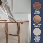 CleverMade Collapsible Laundry Tote 2-Pack (50L) – Foldable Carry-All Storage Bin for Laundry, Car Trunk, RV, Dorm & Home Organization – LUXE Cotton Blend with Vegan Leather Accents, Mocha