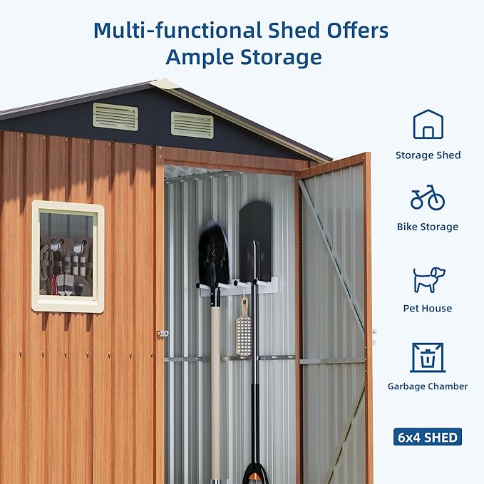 6x4 FT Outdoor Storage Shed, Garden Metal Shed with Floor Base & Window, Small Compact Tool Shed for Backyard, Patio & Lawn (6x4 FT & Base)