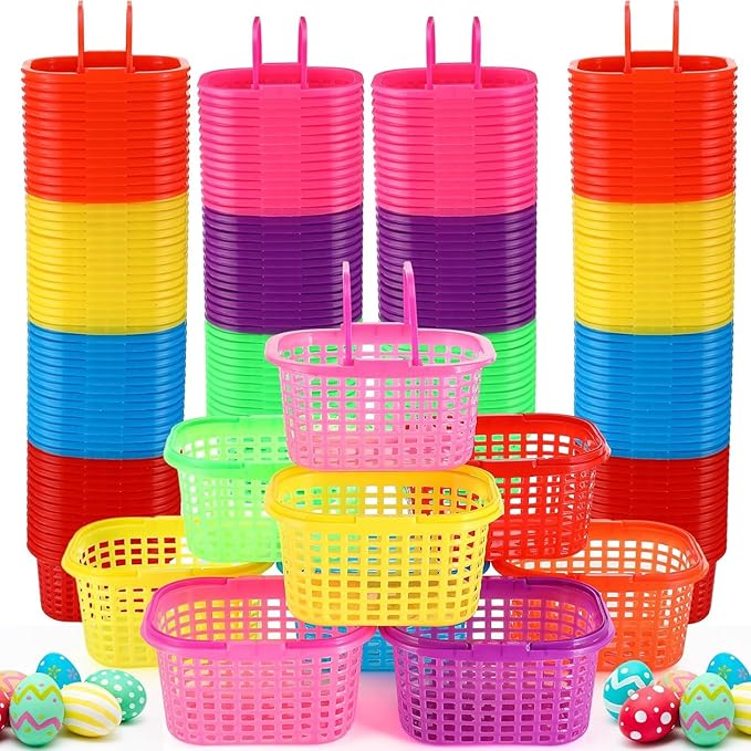 100 Pcs Easter Baskets Bulk Colorful Plastic Egg Baskets with Handle 6.7" x 5.11" x 3.5" Easter Buckets for Party Favors Egg Hunts Supplies Decorations, 7 Colors
