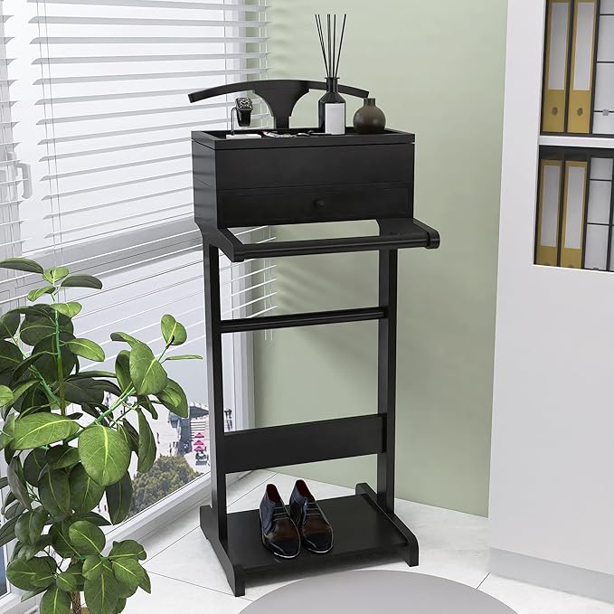Wooden Valet Stand for Men, Suit Valet Stand with Top Tray, Storage Drawer, Bottom Shoe Rack, Freestanding Clothes Rack for Living Room, Entryway, Bedroom (Black with 2 Storage Drawers)