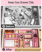 25 PCS Plastic Drawer Organizers Set, 4 Sizes Vanity Organizer, Makeup and Desk Drawer Organizer Trays, Organization and Storage for Makeup, Bathroom, Kitchen Utensils and Office (Pink)
