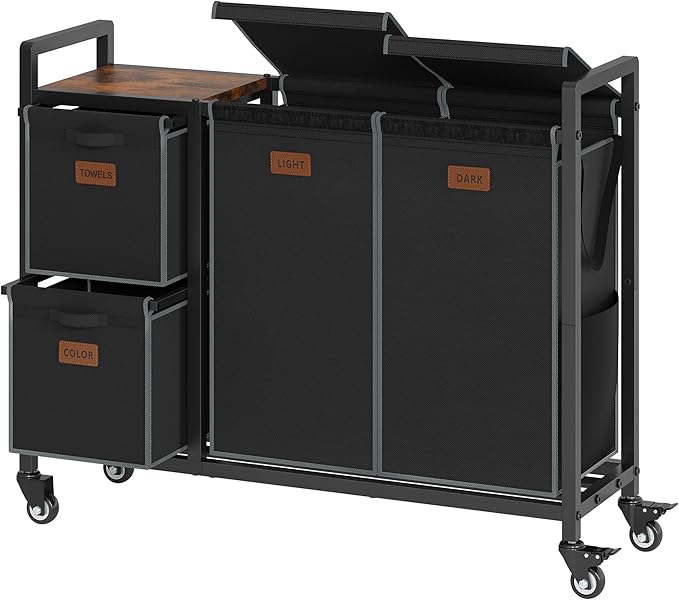 Hoctieon 4 Section Laundry Cart, 48 Gal. (182L) Laundry Hamper with Lid, Laundry Basket with Wheels, Rolling Laundry Sorter Organizer with Shelf, Clothes Separator with Removable Bags, Black