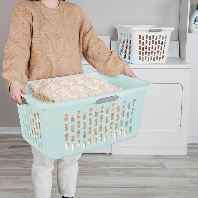 Sterilite Laundry Basket, Plastic Clothes Hamper, Large Rectangle Bin with Comfort Grip Handles and Reinforced Rim, 2 Bushel Capacity, Mint, 12 Pack