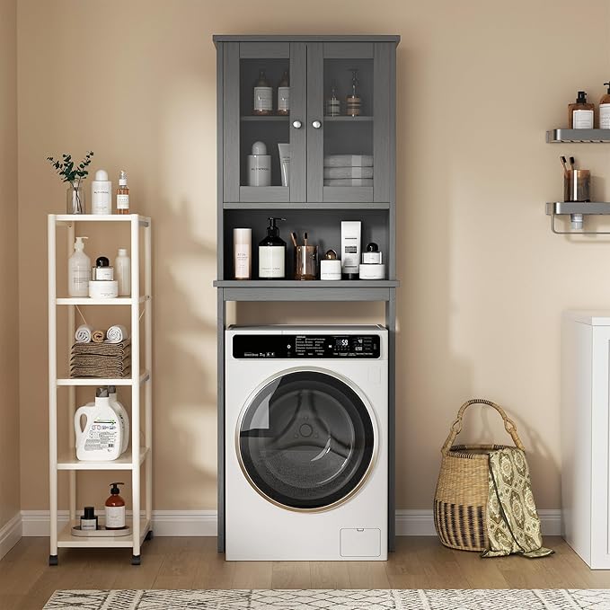 Walsunny Over Toilet Storage Cabinet, BathroomShelf Organizer Over Toilet, Washing Machine Box, Space Saver with Adjustable Decorative Racks（Gray）