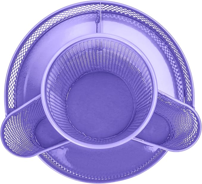 Annova Mesh Desk Organizer Rotate with 5 Compartments Round Spinning Tidy Candy/Pen Holder Desk Accessories Office, Art Supply, Storage, Classroom, Home (Purple)