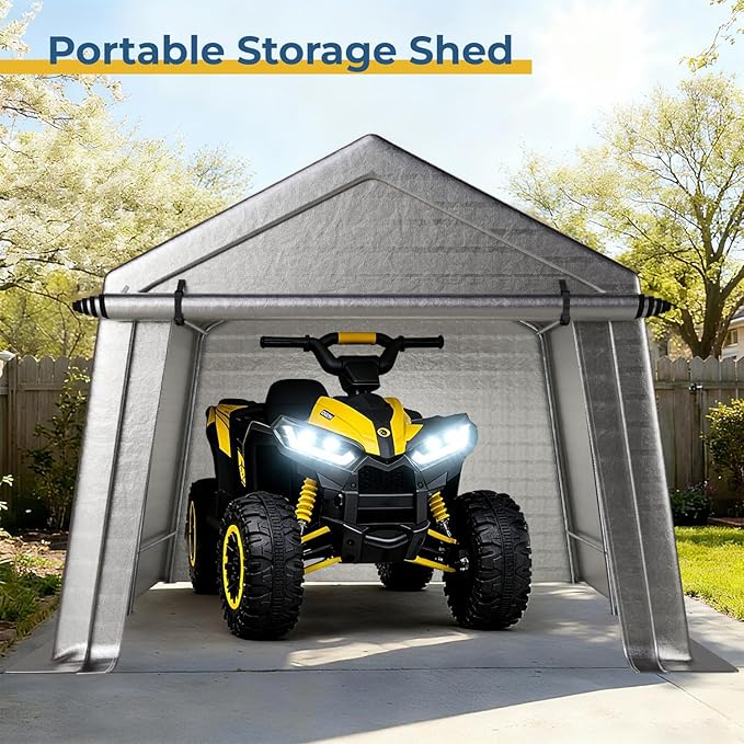10 x 10 FT Carport, Portable Shed w/220G Heavy Duty Waterproof PE Tarp, Roll-up Zipper Door & Vent, Weather-Resistant Storage Shed for Motorcycle, Bike and Tools, Gray