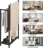 Freestanding Towel Rack, 3 Tier Blanket Ladder Stand with Black Wooden Shelf for Bathroom Living Room (31.5”H x 16.9”W x7.9”D)