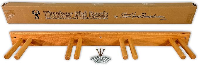 StoreYourBoard Timber Ski Wall Rack, 4 Pairs of Skis Storage, Wood Home and Garage Mount System, Natural Wood