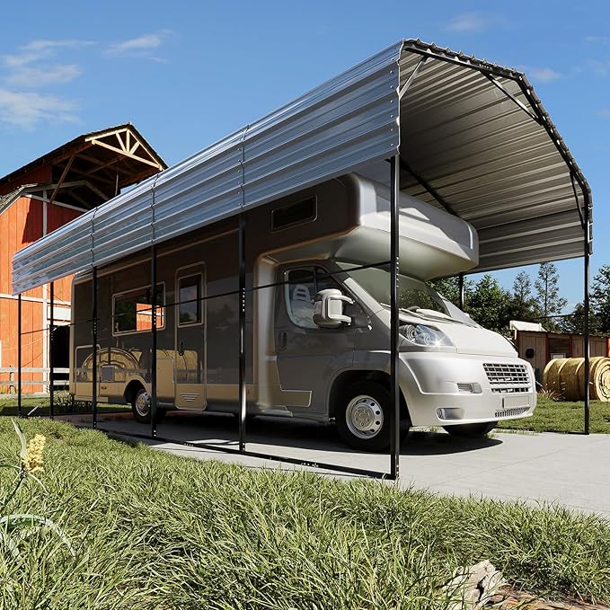 EROMMY 14x25 FT RV Metal Carport with Reinforced Frame, Weather-Resistant Galvanized Roof Shelter for Vehicles, Trucks, Boats, SUVs, Gray