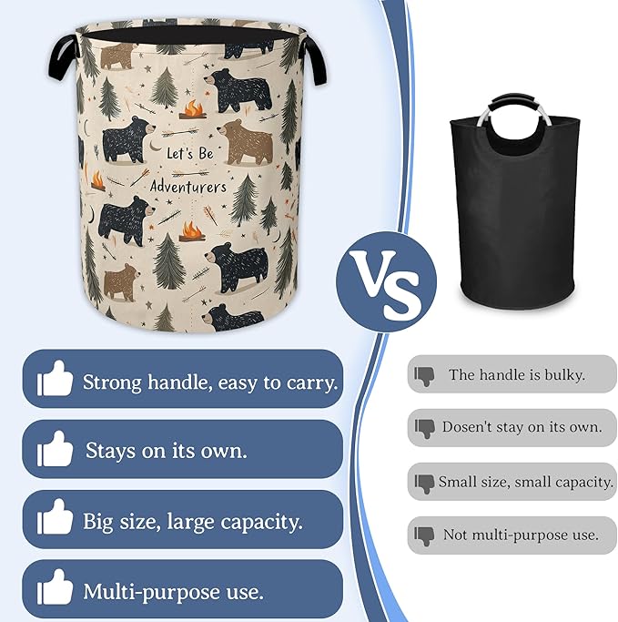 Funny Adventure Bear Forest Laundry Basket,Oxford Cloth Laundry Hamper With Handle Foldable Portable Clothes Storage Basket for Laundry Room/Bedroom/Bathroom 20.8"x16"
