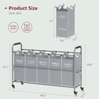 Tajsoon 5 Bag Laundry Sorter Cart, Laundry Hamper Sorter Basket with Heavy Duty Lockable Rolling Wheels for Clothes Storage, Grey & White