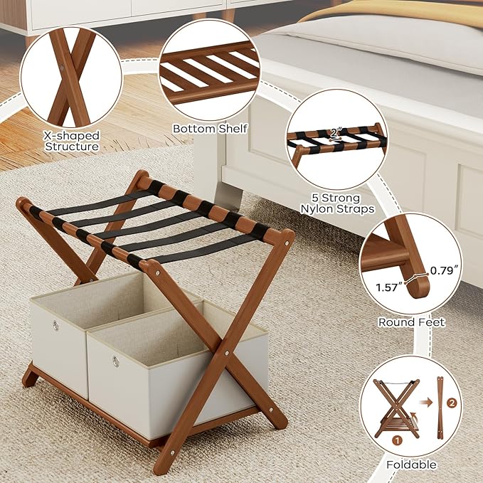 Fully Assembled Walnut Luggage Racks Set of 2 with 4 Storage Boxes, 26.77" Bamboo Luggage Rack Stand for Guest Room, 5 Nylon Straps, Folding Suitcase Stand with Storage Shelf for Bedroom Hotel