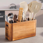 12" Wooden Kitchen Utensil Holder, Extra Large Acacia Wood Organizer for Cooking Tools, Utensils & Cutlery Storage – 3-Compartment Countertop Holder