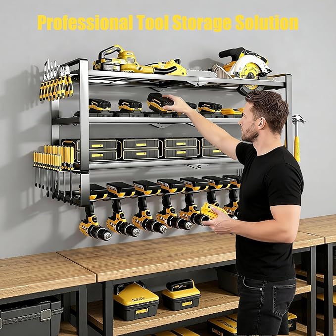 Large Power Tool Organizer Wall Mount, 4-Tier Heavy Duty Metal Storage Rack Loads 400lbs, Battery Tools Hanger with 8 Cordless Drill Holder for Garage, Workshop, Pegboard, Shed