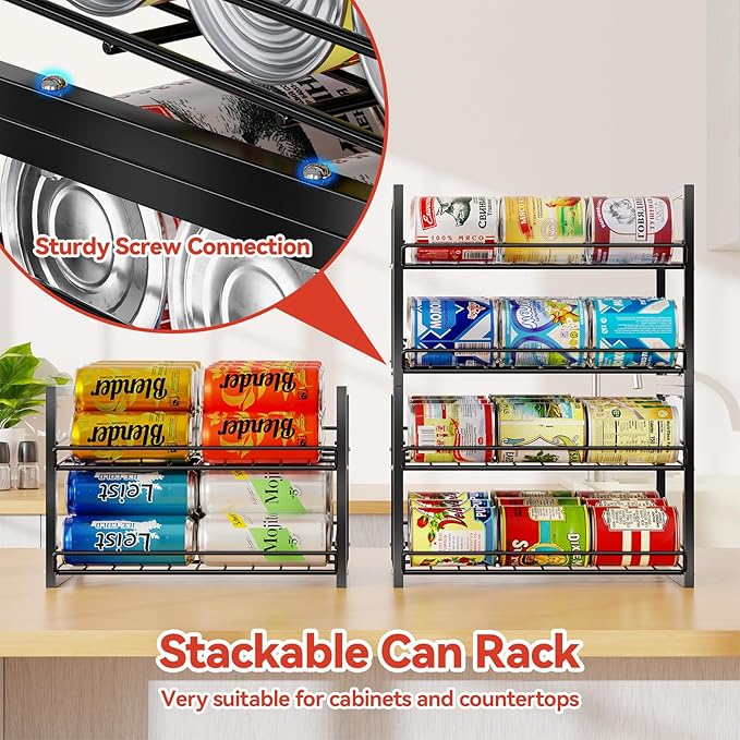 SUFAUY Stackable Can Rack Organizer for Pantry, 2 Tier Soda Canned Food Storage Holds Up to 60 Cans, Steel Square Frame Shelves for Storage, 2 Pack
