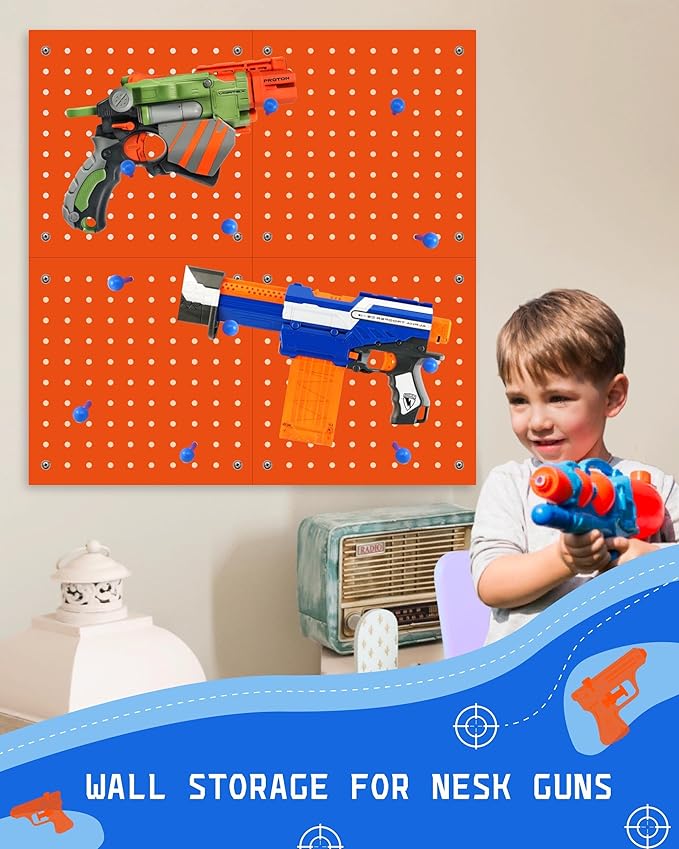 Skywin Wooden Peg Board for Nerf Gun Storage Organizer 13 x 13 x 0.31 Inches - Compatible with All Blasters Nerf Gun Rack Organizer for Wall Organization (Orange)