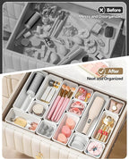 13 Pack Plastic Drawer Organizers Set, 3 Sizes Desk Drawer Organizer Trays for Vanity and Makeup Organizer, Organization and Storage for Makeup, Kitchen Utensils, Bathroom and Office(White)
