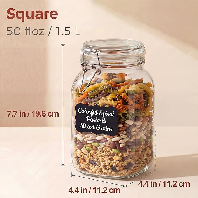 Square Glass Jars with Airtight Lid Set of 3, 50 floz Wide Mouth Mason Jars with Clamp Lids,Glass Sealed Jars with Air Tight Lids, Best for Kitchen & Pantry Food Storage