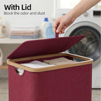 efluky Slim Laundry Basket with Lid, Narrow Laundry Hamper with Removable Bag, Skinny Dirty Clothes Basket with Bamboo Handles for Bathroom, Bedroom & Laundry Room, 75L Burgundy