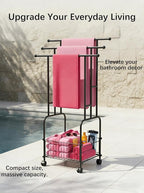 42.5" H Free Standing Towel Rack, 3-Tier Reinforced Alloy Metal Towel Racks for Bathroom with Wheels and Storage Basket, Large Size Pool Towel Rack Outdoor, Multi-Use Blanket Drying Stand
