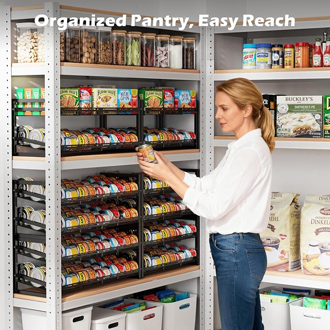 iSPECLE Extendable Can Organizer for Pantry, Adjustable Width Can Storage Organizer for 48 Cans, Heavy Duty Auto Rolling Dispenser Rack, Stackable Metal Shelf Holder for Soup Spices Snacks, Black