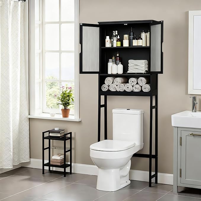 BAMBANG Over The Toilet Storage Cabinet, Bamboo Bathroom Over Toilet Storage Organizer with Adjustable Shelves and Double Doors, Above Toilet Storage Cabinet, Black
