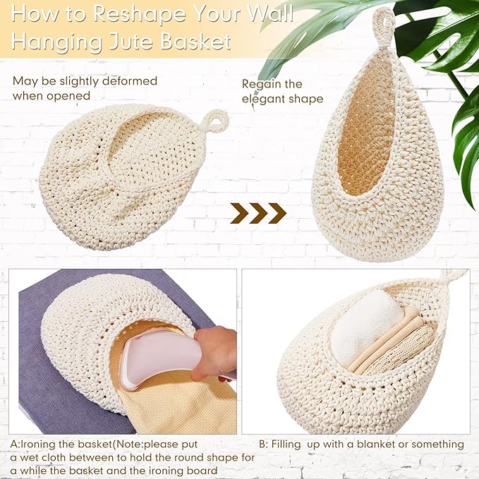 Honeydak Boho Decor Hanging Wall Baskets for Kitchen 3 Pack Teardrop Baskets with Hooks Storage Fruit Onion Vegetable Potato for Home 3 Sizes(White,Teardrop,Cotton Rope)