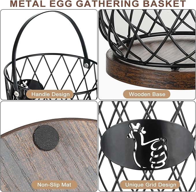 Egg Basket for Gathering Fresh Eggs, Round Egg Collecting Basket with Handle, Egg Holder Countertop Decor & K-Cup Organizer (Metal)