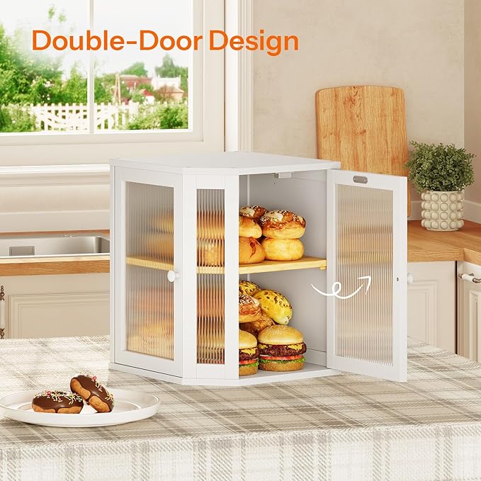 HOOBRO Bamboo Bread Box, Kitchen Countertop Corner Bread Box, Large Capacity 2-Tier Bread Container, Bread Storage Container with Dual Rippled Acrylic Doors, for Kitchen Food Storage, White WT12MB01