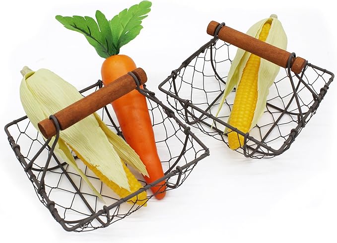 CVHOMEDECO. Chicken Wire Egg Baskets Rust Gathering Baskets with Wooden Handle Country Vintage Style Storage Baskets. Set of 2 (Square)