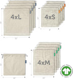 12+1 Reusable Produce Bags Grocery Washable, Organic Cotton Mesh Produce Bags, Double-Stitched & Tare Weigh, Mesh bags for vegetables, Cotton Produce Bags Reusable Washable, Produce bag 4xS, 4xM, 4xL