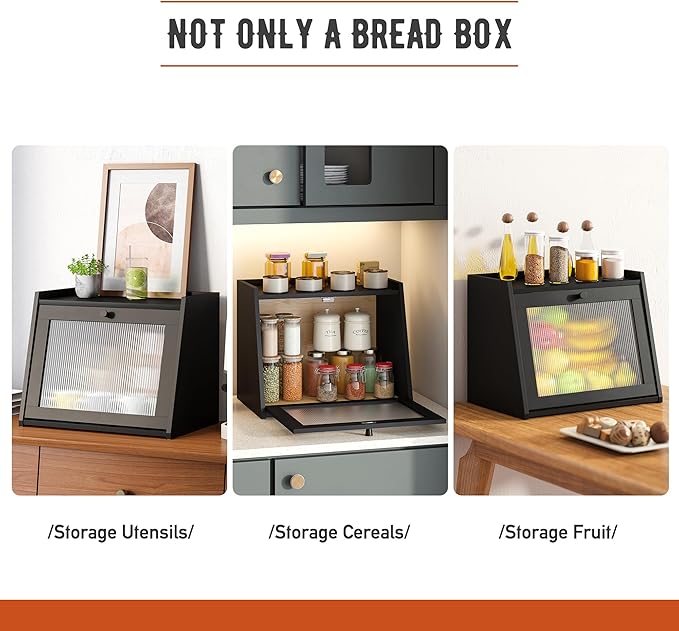 GHWIE Large Bread Box, Easy Access & Cleaning - Bamboo Bread Box for Kitchen Countertop with Acrylic Door (Black, Large)