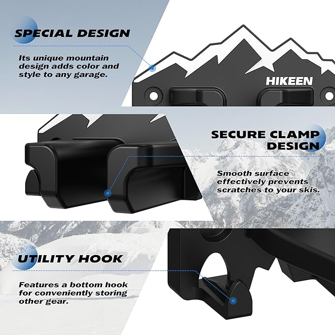 Hikeen Ski Wall Rack for Garage-Ski Wall Mount Storage Rack Fits Any Ski,Garage Organization & Space-Saving Winter Gear - Durable Ski Rack for Wall Display 4Pack