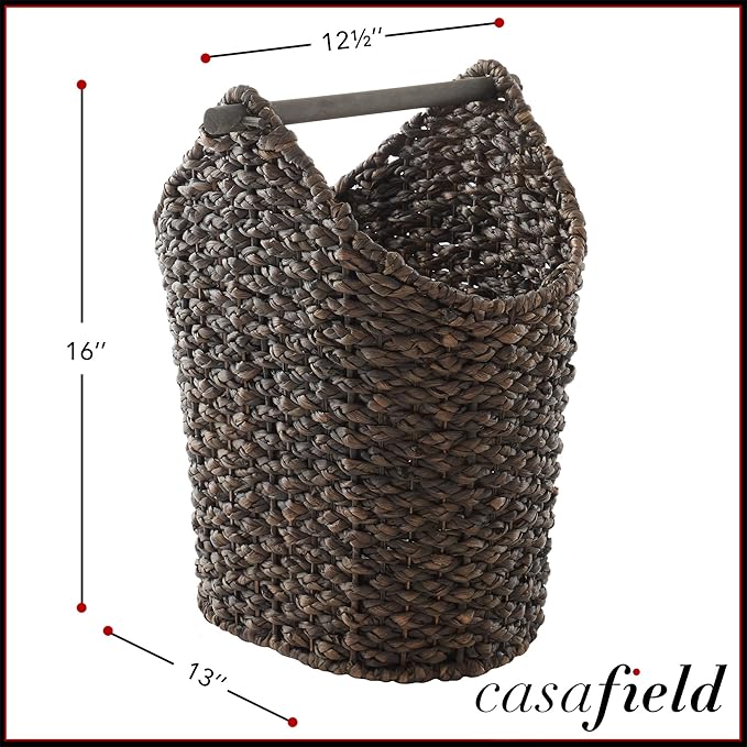 Casafield Toilet Paper Storage Basket with Wood Roll Holder Bar - Espresso, Braided Water Hyacinth Wicker Bathroom Tissue Storage Organizer