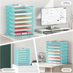 Lavatino 8-Tier Office Desk File Organizer, Letter Tray Paper Organizer with Handle, Including 5 Adjustable Slide Trays for Organizing Desktop Workspace Accessories and Supplies (Blue Metal Mesh)