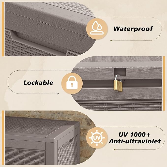 100 Gallon Outdoor Storage Box, Resin Deck Boxes Outdoor Waterproof For Patio Furniture, Garden Tools, Pool Supplies, Lockable And UV Resistant (Rattan Gray)