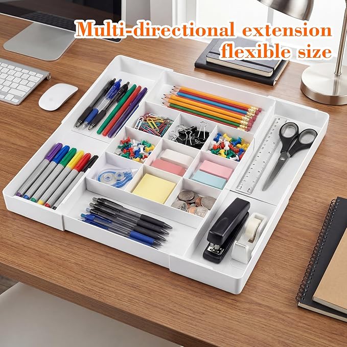2 Pcs Large Expandable Acrylic Drawer Organizers, Grid Adjustable Drawer, Dividers Organizer for Desk, Makeup, Jewelry, Office, Kitchen Supplies (White,13 Compartments)