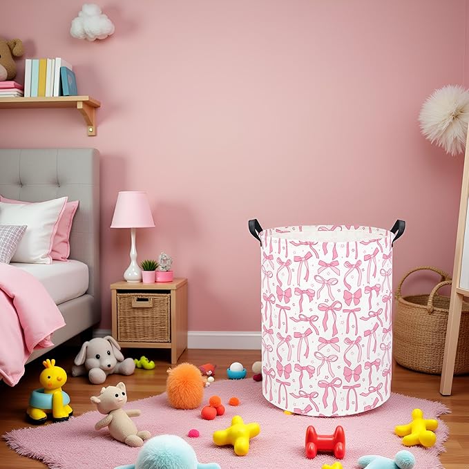 Baby Laundry Basket Kids Hamper Toy Storage Bin for Boys Room Decor Baby Nursery Hamper Gift Baskets for Bedroom Bathroom(Pink Bowknot)
