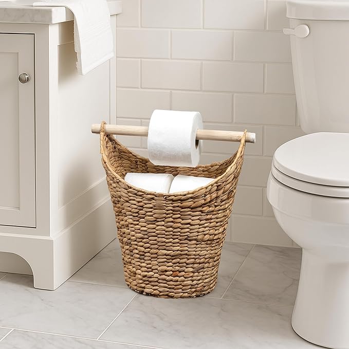 happimess PRH1000A Talia Classic Coastal Hand-Woven Water Hyacinth Toilet Paper Basket with Wood Bar, Reserve Storage for Extra Rolls, Free Standing Magazine Holder, Natural