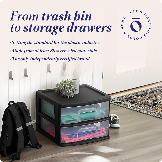 HOMZ 2-Pack 2-Drawer Storage Cart, Clear Plastic Drawers, 14.25" Wide Medium, Black Frame - Organizing Drawer Containers for Home, Bathroom, Bedroom, Office, and Classroom