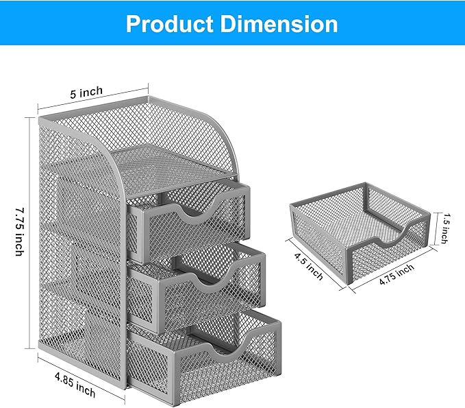 EasyPAG Mesh Desk Organizer with 3 Drawer Office Desktop Organizers and Accessories Stationery Caddy for Office, Home, Students, Silver
