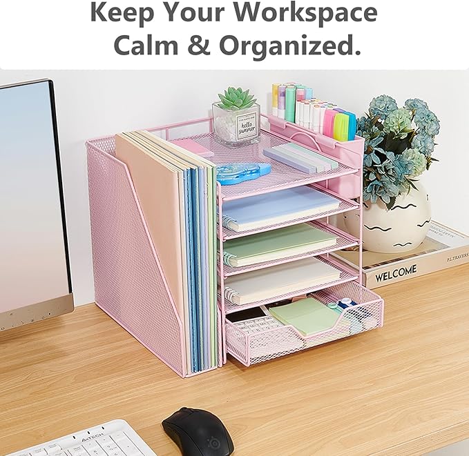 Desk Organizer, 5-Tier Paper Letter Tray Organizer with File Holder, Drawer and Pen Holder, Desktop Organizer for Office Supplies, Pink