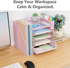 Desk Organizer, 5-Tier Paper Letter Tray Organizer with File Holder, Drawer and Pen Holder, Desktop Organizer for Office Supplies, Pink