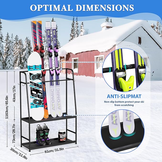 Ski Rack for Garage,Freestanding Snowboard Rack for Ski,Snowboard, Ski Boot,Poles, Goggles, Helmet and More, Heavy Duty Steel Floor Stand Ski Organizer for Garage Basement