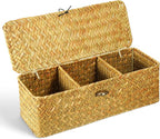 Seagrass Storage Basket with Lid, 3-Section Wicker Storage Baskets, Toilet Tank Toilet Paper Basket Holder, Handwoven Wicker Baskets, for Shelves Bathroom Closet Kitchen Organizing, 12.6x4.8x4.3 in