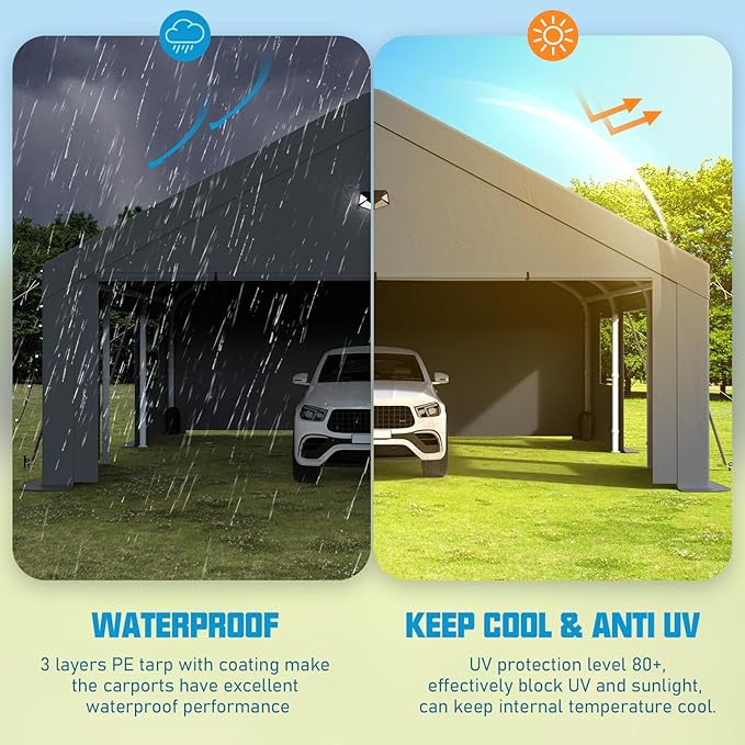 Carports Canopy Heavy Duty, Portable Garage with Sidewalls and Side Doors (20x20, Grey)