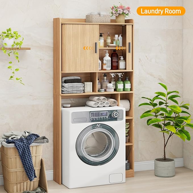 Over The Toilet Storage Cabinet,Farmhouse Toilet Cabinet Rack with 2 Tambour Sliding Doors and Toilet Paper Holder Stand，Toilet Shelf Space Saver with Towel Rack for Bathroom, Restroom, Laundry