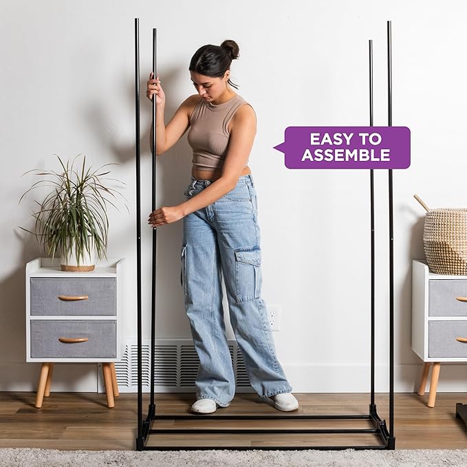 HOLDN’ STORAGE Portable Wardrobe Closet - 50 lb Capacity, Internal Heavy Duty Metal Rod, Zipper & Clear Window, Durable Clothes Organizer, Tool-Free Easy Assembly, Beige Canvas Cover